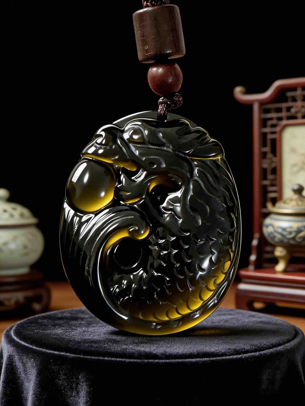 A05 The Dragon-Carp Ascent Obsidian Pendant